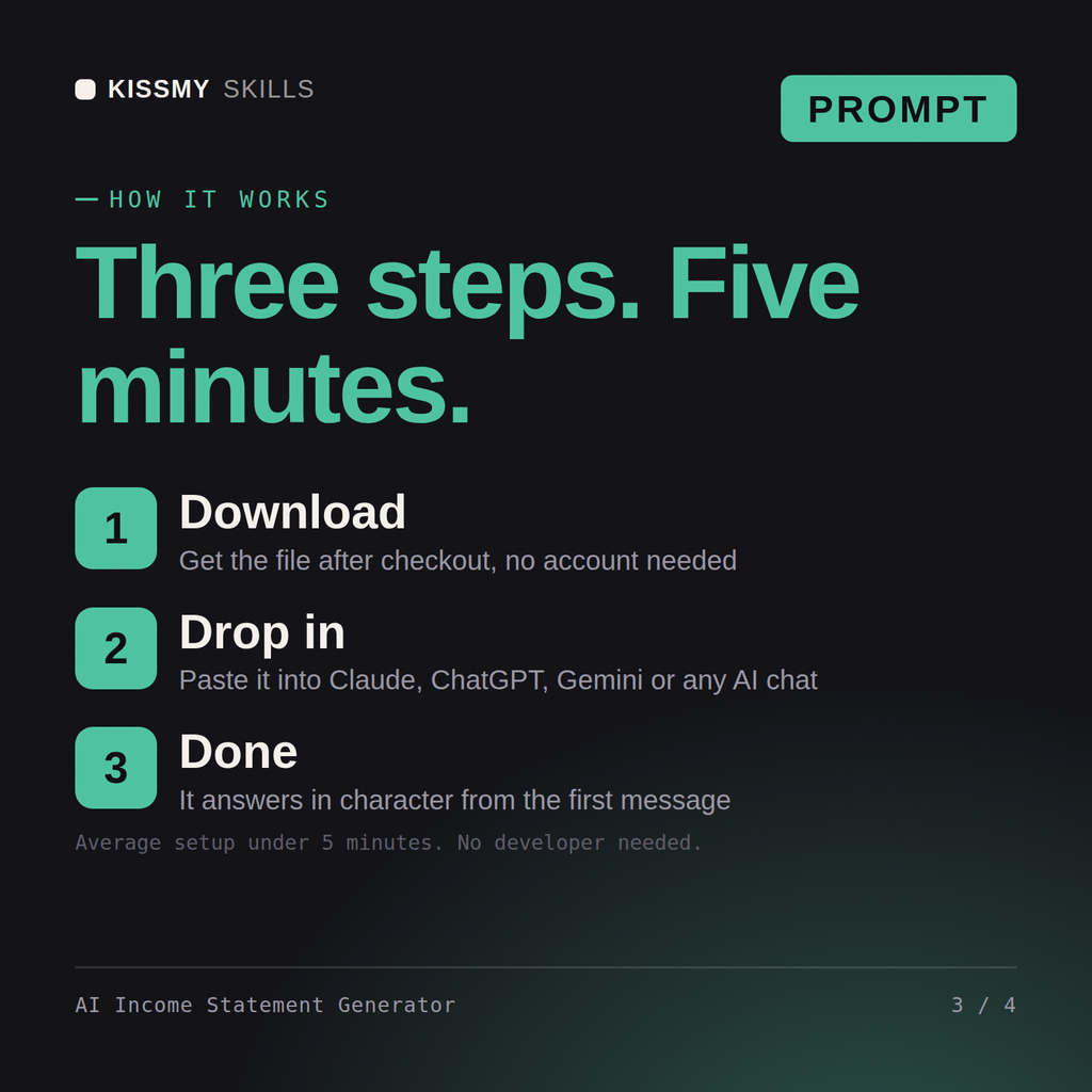 How the AI Income Statement Generator AI prompt works in three steps: download, drop it into your AI chat, done