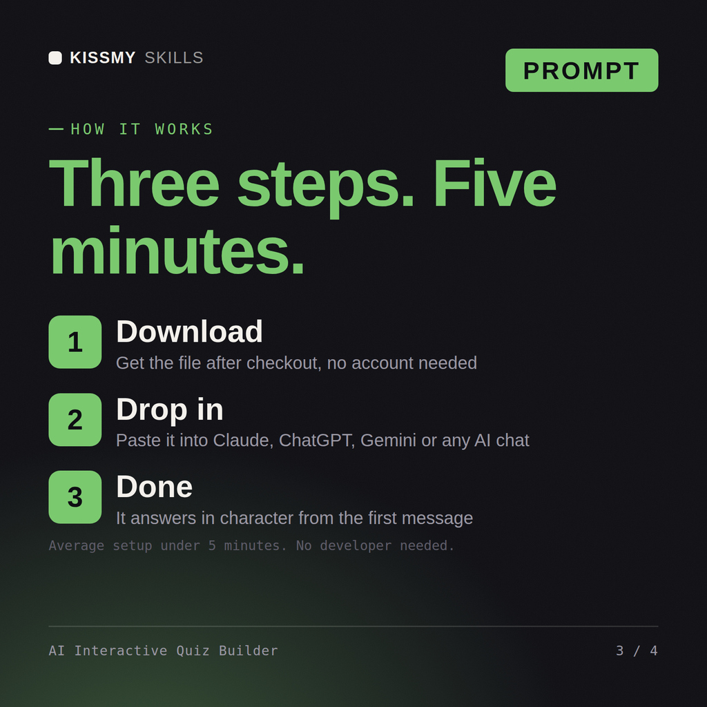 How the AI Interactive Quiz Builder AI prompt works in three steps: download, drop it into your AI chat, done