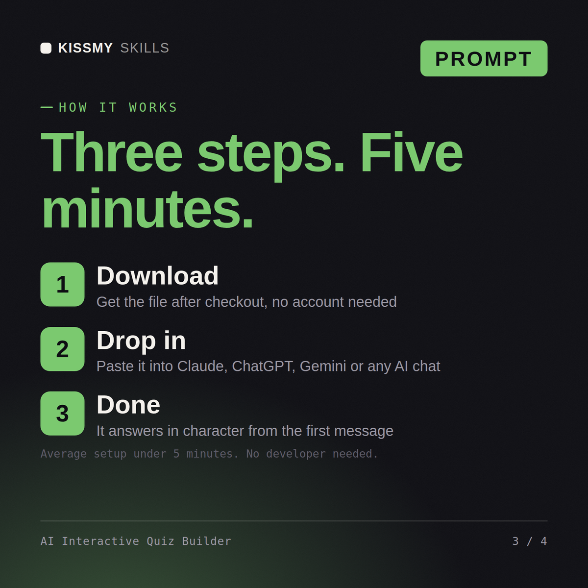 How the AI Interactive Quiz Builder AI prompt works in three steps: download, drop it into your AI chat, done