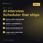 What's inside the AI Interview Scheduler skill: Syncs with interviewer, Sends candidates a, Auto-reschedules on, Logs every interview