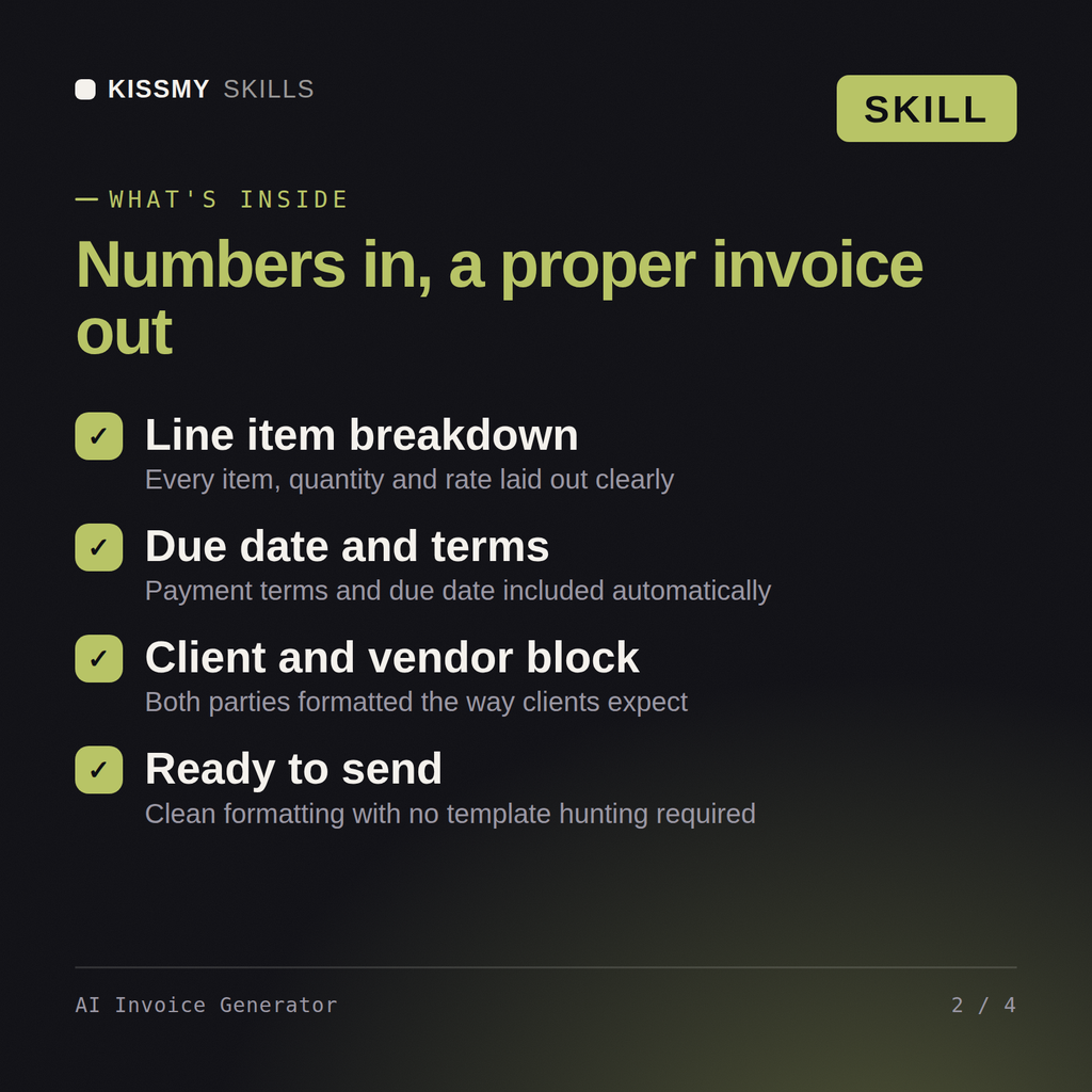 What's inside the AI Invoice Generator AI skill: Line item breakdown, Due date and terms, Client and vendor block, Ready to send