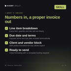 What's inside the AI Invoice Generator AI skill: Line item breakdown, Due date and terms, Client and vendor block, Ready to send
