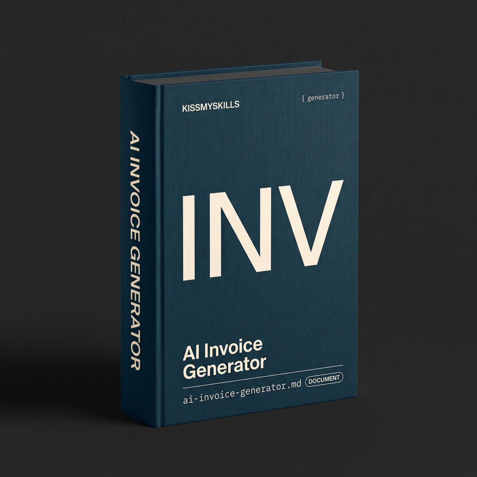 Invoice Generator Claude skill by KissMySkills, deep prussian petrol blue bookcloth cover with the monogram INV
