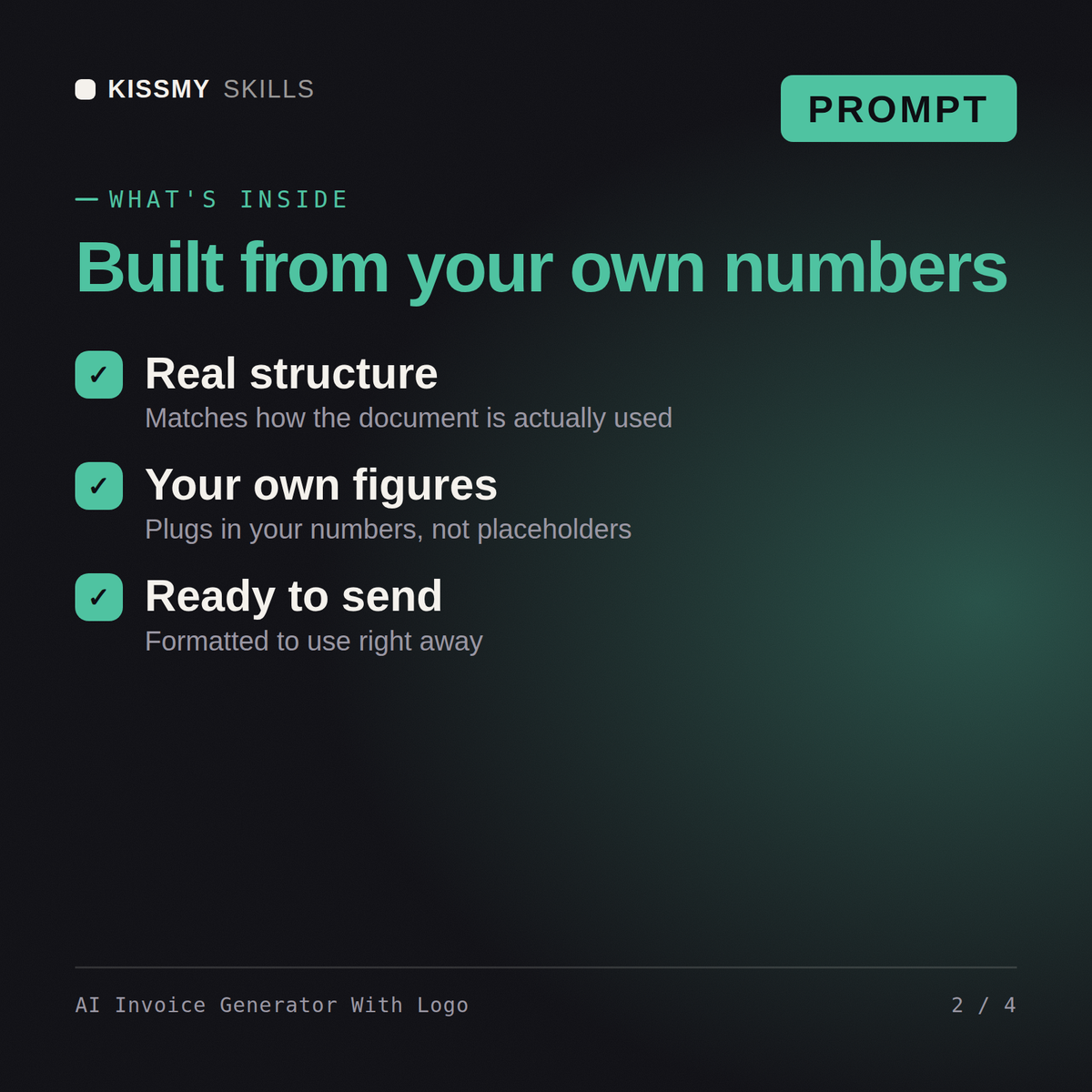 What's inside the AI Invoice Generator With Logo AI prompt: Real structure, Your own figures, Ready to send