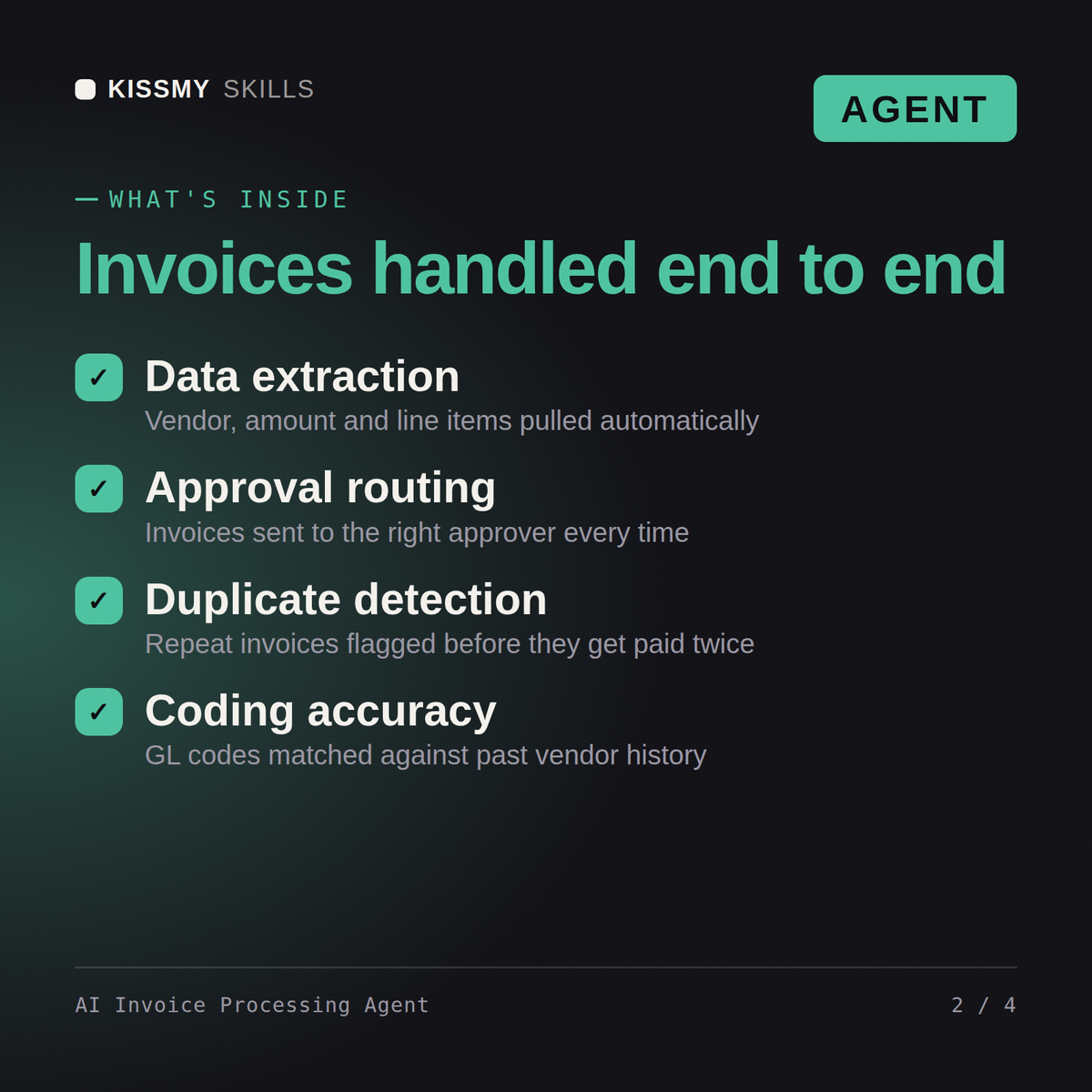 What's inside the AI Invoice Processing Agent AI agent: Data extraction, Approval routing, Duplicate detection, Coding accuracy
