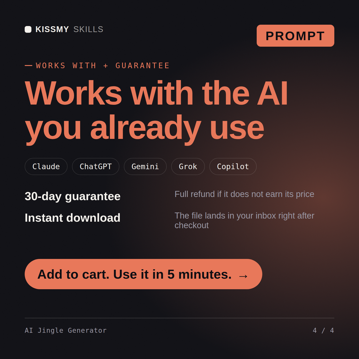 The AI Jingle Generator AI prompt works with Claude, ChatGPT, Gemini and any AI chat, 30-day money-back guarantee