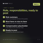 What's inside the AI Job Description Generator AI skill: Role summary, Must have vs nice to have, Compensation placeholder, Ready to post