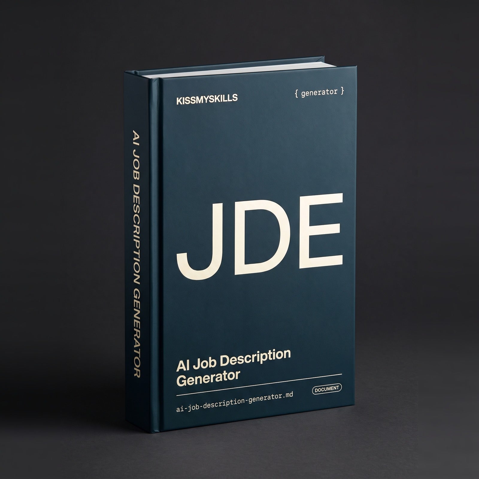 Job Description Generator Claude skill by KissMySkills, oxidised prussian petrol blue metal cover with the monogram JDE