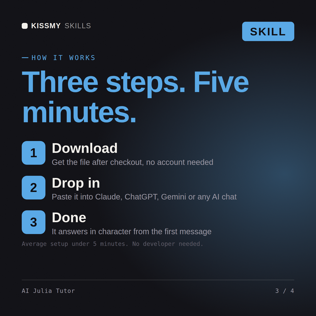 How the AI Julia Tutor AI skill works in three steps: download, drop it into your AI chat, done