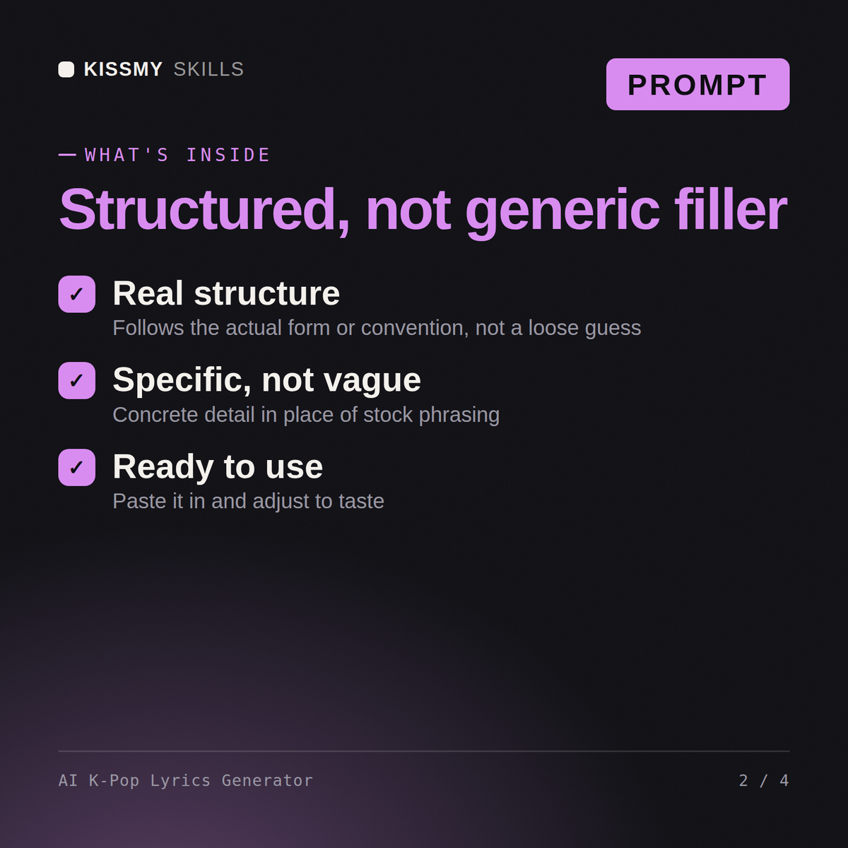 What's inside the AI K-Pop Lyrics Generator AI prompt: Real structure, Specific, not vague, Ready to use