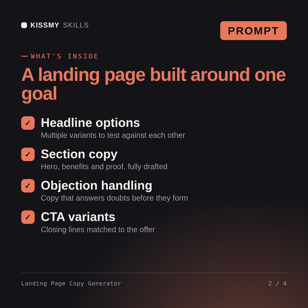 What's inside the Landing Page Copy Generator AI prompt: Headline options, Section copy, Objection handling, CTA variants