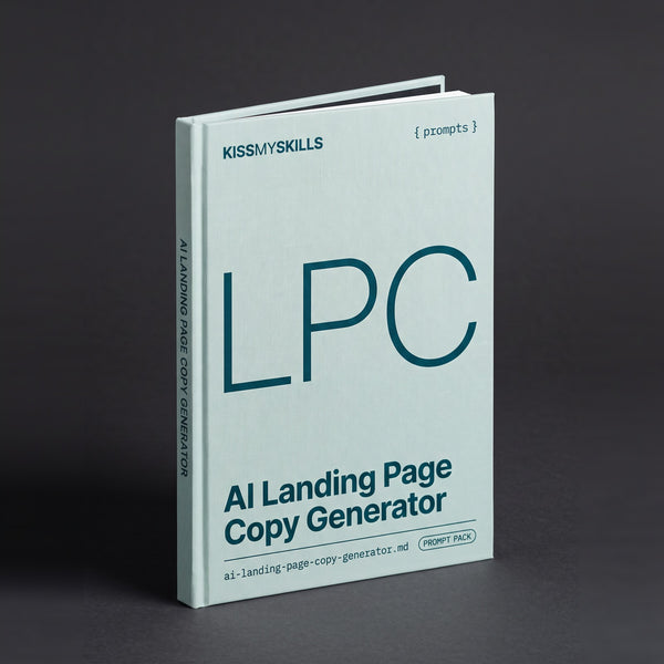 Landing Page Copy Generator prompts for Claude by KissMySkills, pale sea-glass bookcloth cover with the monogram LPC