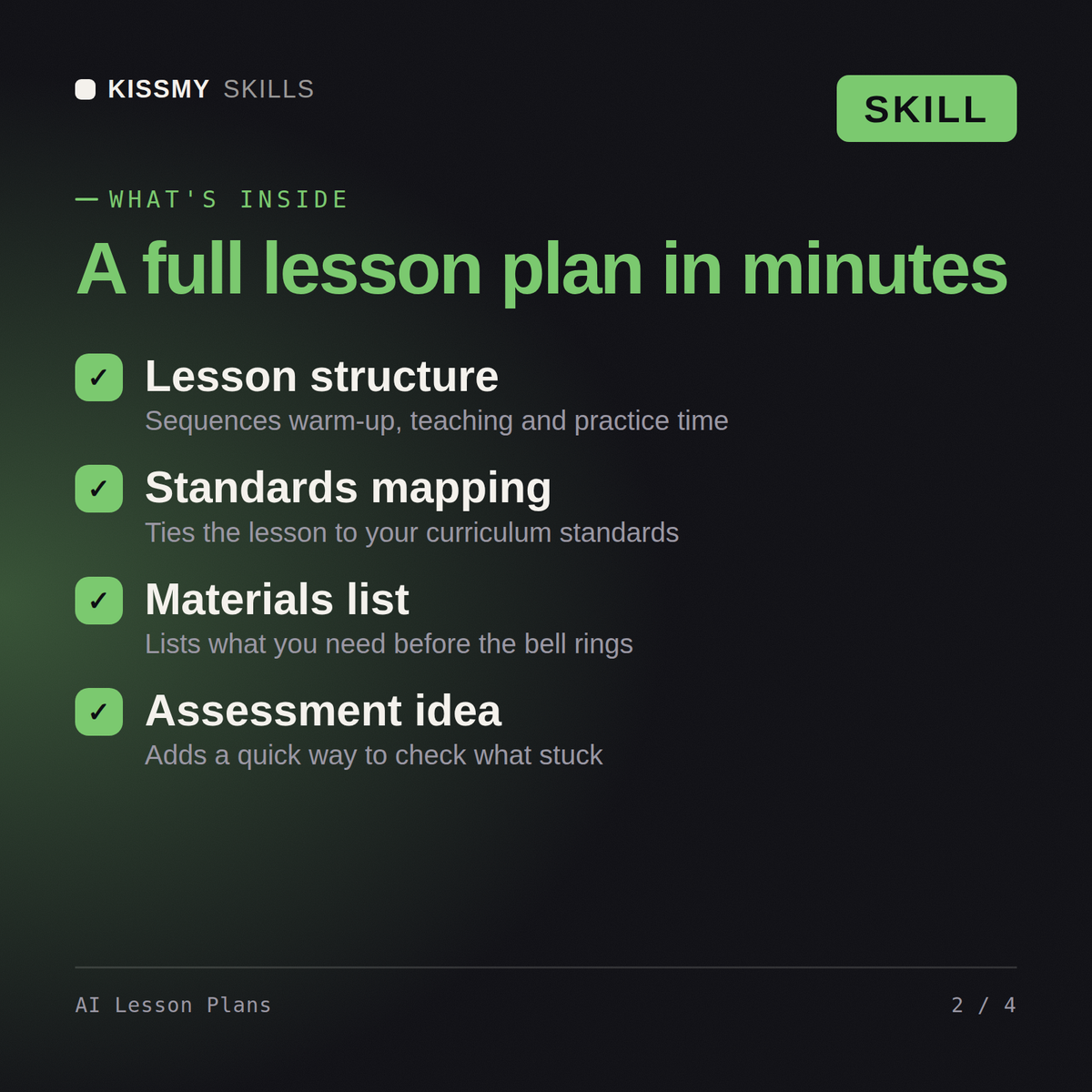 What's inside the AI Lesson Plans AI skill: Lesson structure, Standards mapping, Materials list, Assessment idea