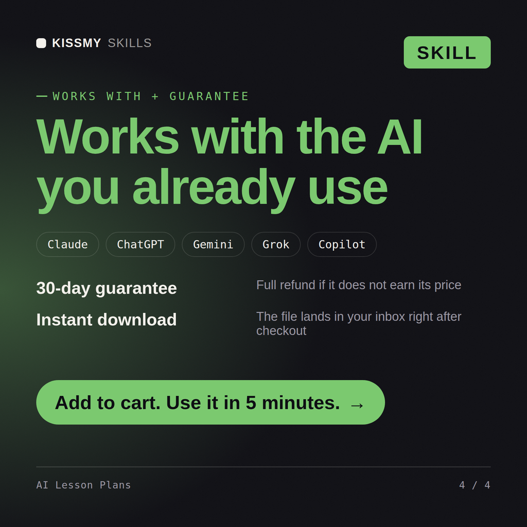 The AI Lesson Plans AI skill works with Claude, ChatGPT, Gemini and any AI chat, 30-day money-back guarantee