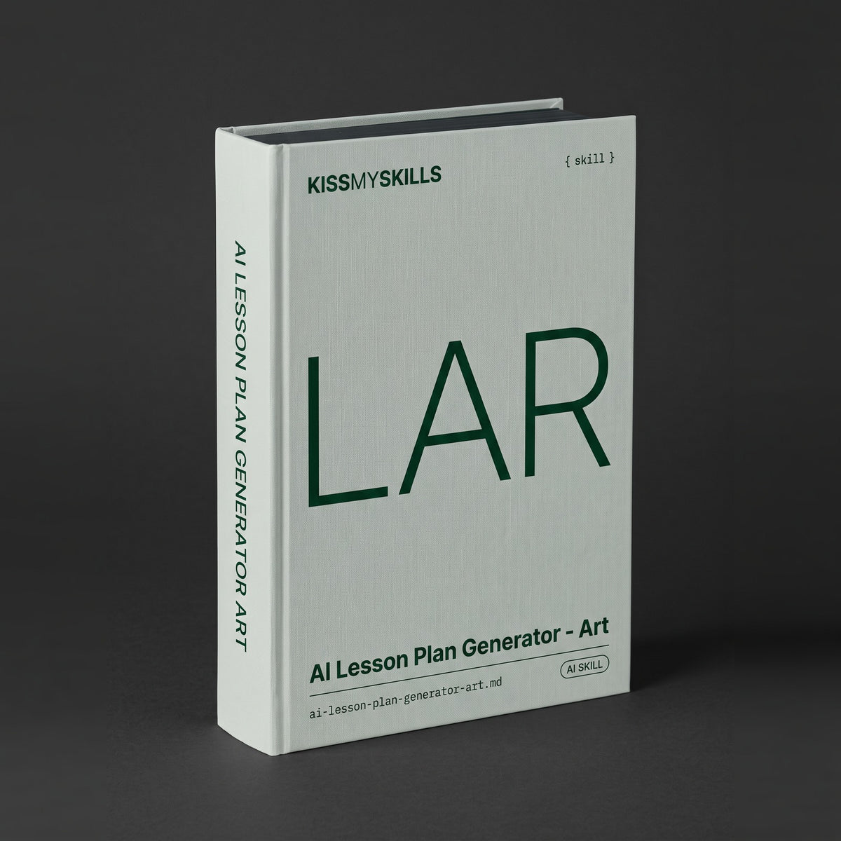 Art Lesson Plan Claude skill by KissMySkills, pale eucalyptus grey bookcloth cover with the monogram LAR