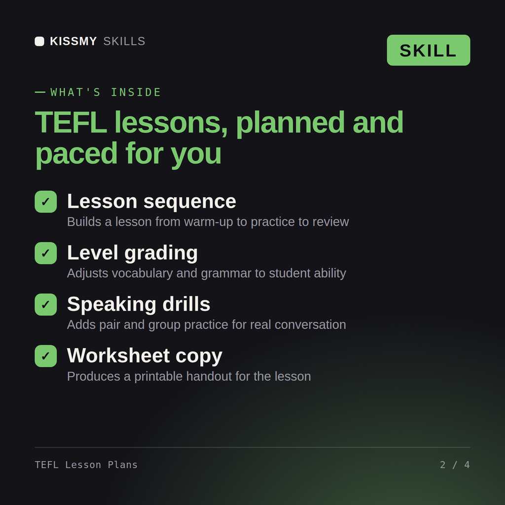 What's inside the TEFL Lesson Plans AI skill: Lesson sequence, Level grading, Speaking drills, Worksheet copy