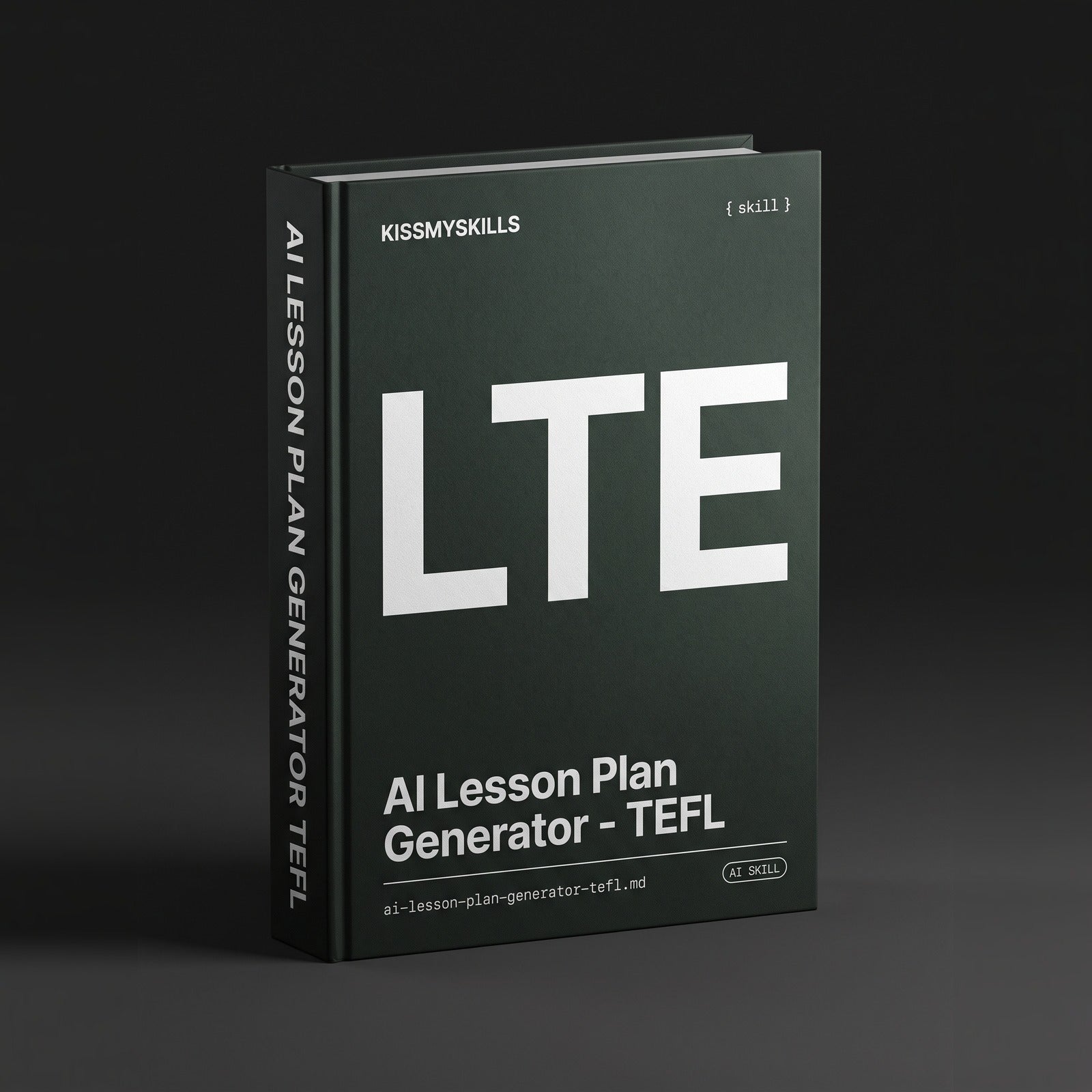 TEFL Lesson Plan Claude skill by KissMySkills, oxidised forest green metal cover with the monogram LTE