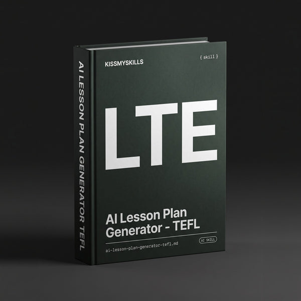 TEFL Lesson Plan Claude skill by KissMySkills, oxidised forest green metal cover with the monogram LTE