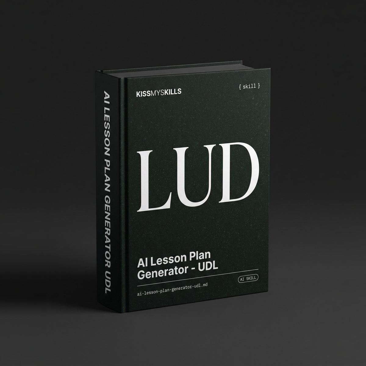 UDL Lesson Plan Claude skill by KissMySkills, near-black forest green stone cover with the monogram LUD