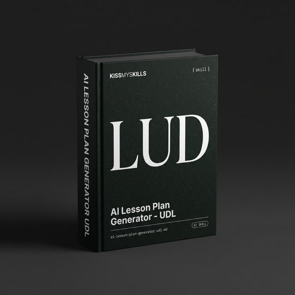 UDL Lesson Plan Claude skill by KissMySkills, near-black forest green stone cover with the monogram LUD