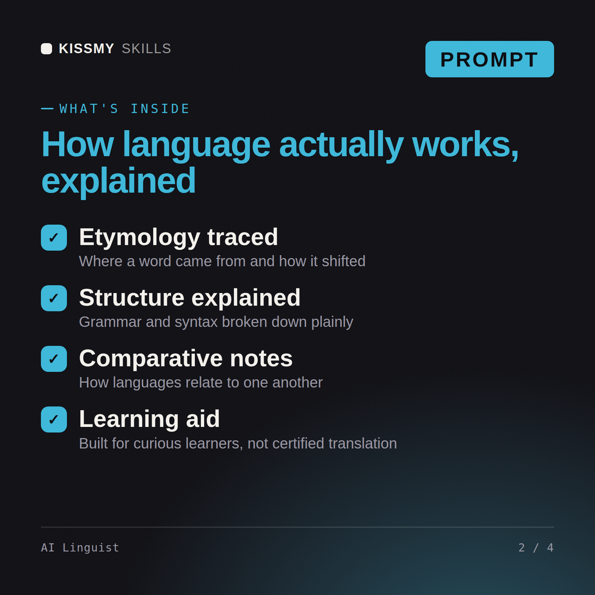 What's inside the AI Linguist AI prompt: Etymology traced, Structure explained, Comparative notes, Learning aid