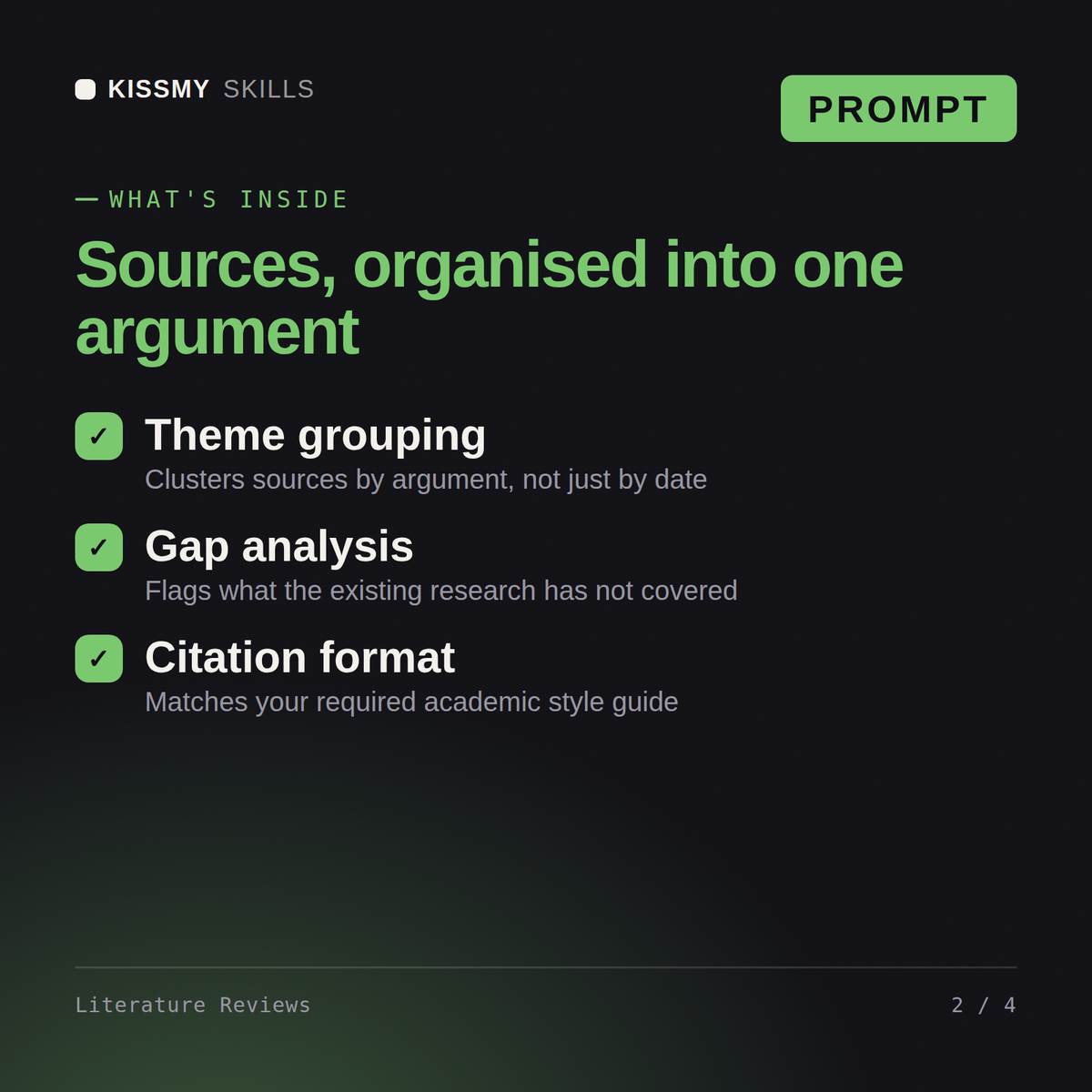 What's inside the Literature Reviews AI prompt: Theme grouping, Gap analysis, Citation format