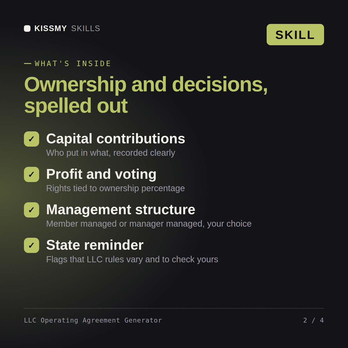 What's inside the LLC Operating Agreement Generator AI skill: Capital contributions, Profit and voting, Management structure, State reminder
