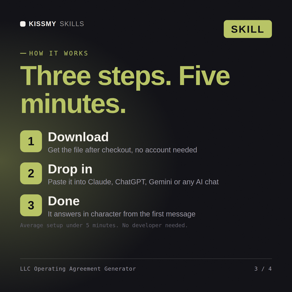 How the LLC Operating Agreement Generator AI skill works in three steps: download, drop it into your AI chat, done