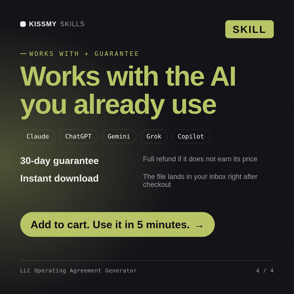 The LLC Operating Agreement Generator AI skill works with Claude, ChatGPT, Gemini and any AI chat, 30-day money-back guarantee