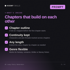 What's inside the AI Long Story Generator AI prompt: Chapter outline, Continuity kept, Any length, Genre flexible