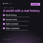 What's inside the AI Lore Generator AI prompt: World history, Factions built, Myths included, Stays consistent