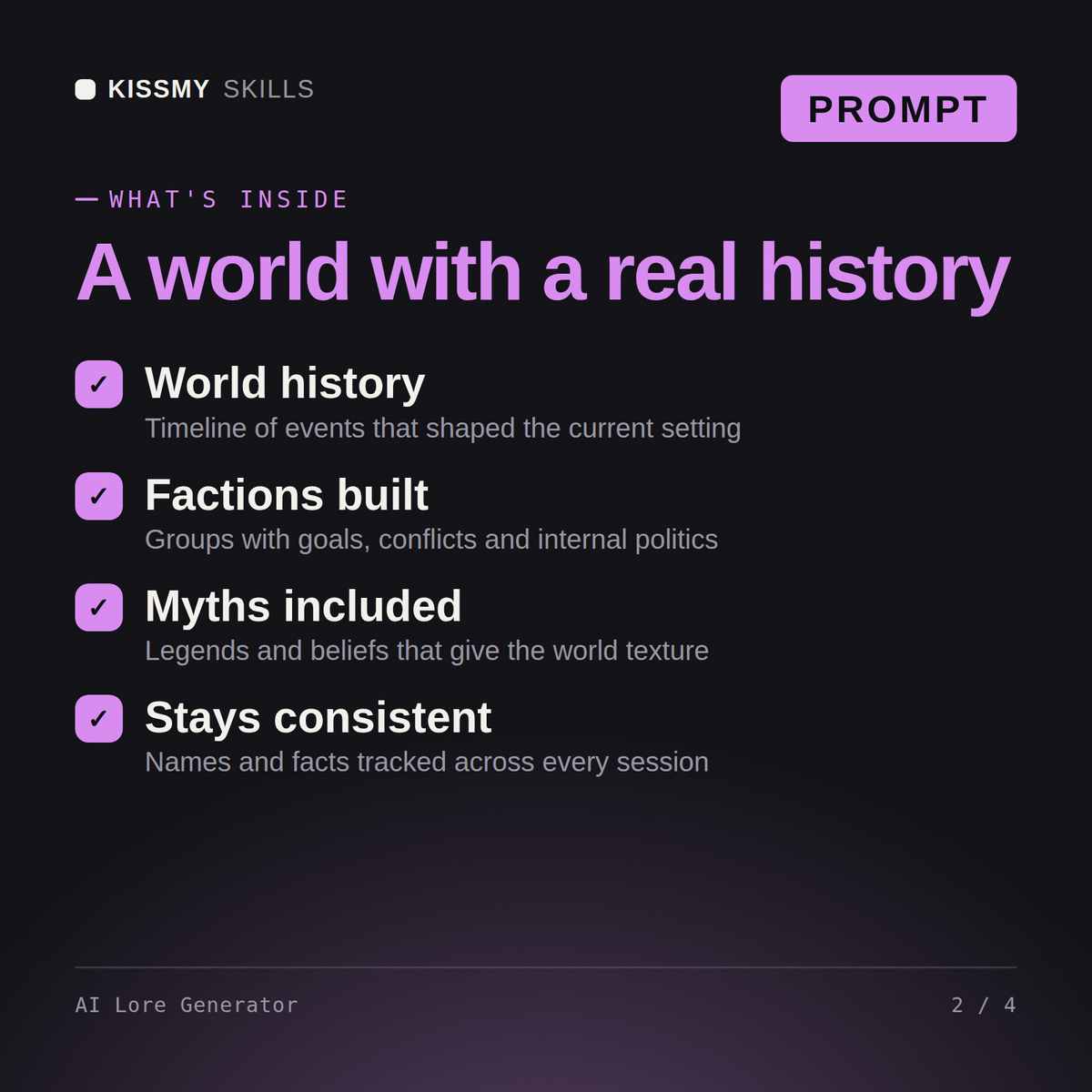 What's inside the AI Lore Generator AI prompt: World history, Factions built, Myths included, Stays consistent