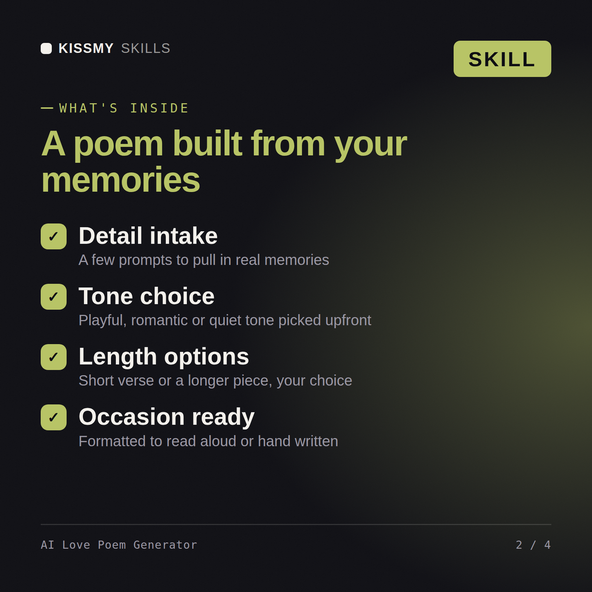What's inside the AI Love Poem Generator AI skill: Detail intake, Tone choice, Length options, Occasion ready