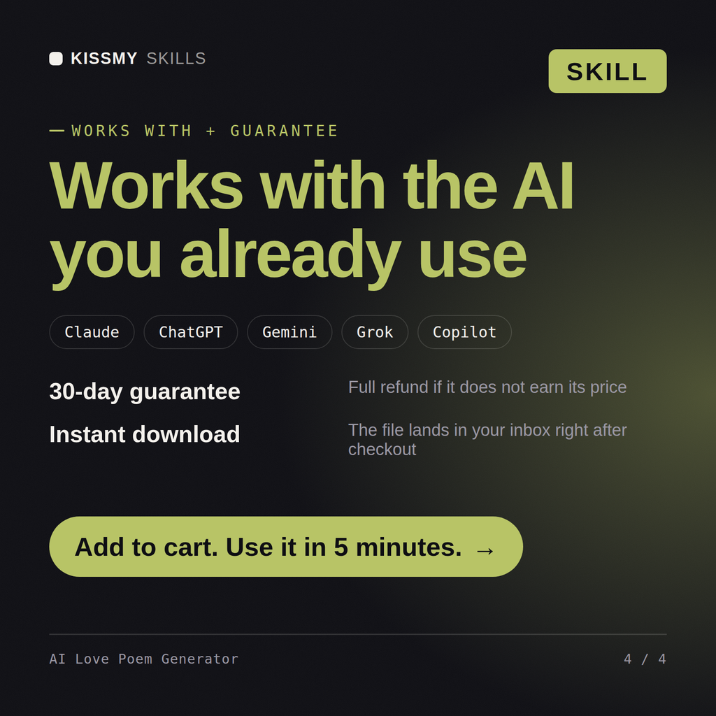 The AI Love Poem Generator AI skill works with Claude, ChatGPT, Gemini and any AI chat, 30-day money-back guarantee