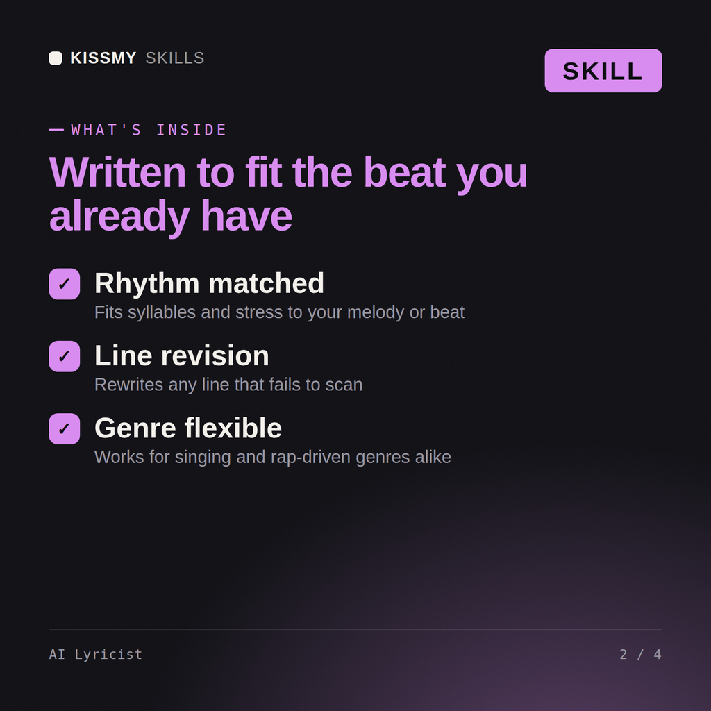 What's inside the AI Lyricist AI skill: Rhythm matched, Line revision, Genre flexible
