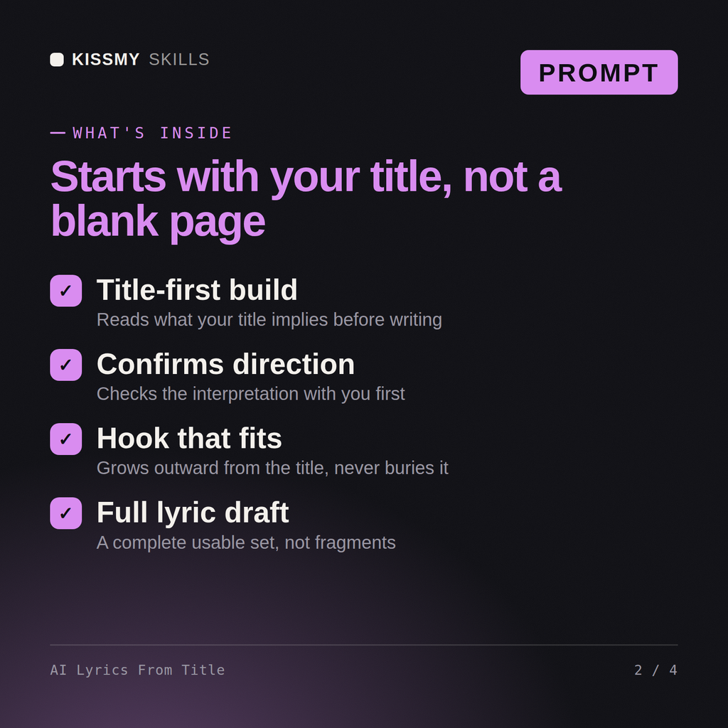What's inside the AI Lyrics From Title AI prompt: Title-first build, Confirms direction, Hook that fits, Full lyric draft