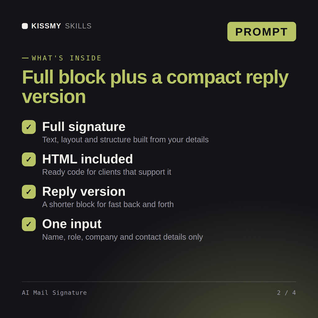 What's inside the AI Mail Signature AI prompt: Full signature, HTML included, Reply version, One input