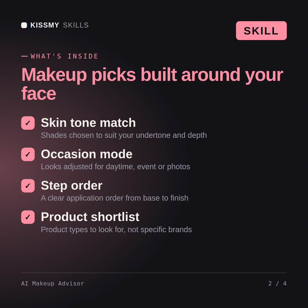 What's inside the AI Makeup Advisor AI skill: Skin tone match, Occasion mode, Step order, Product shortlist