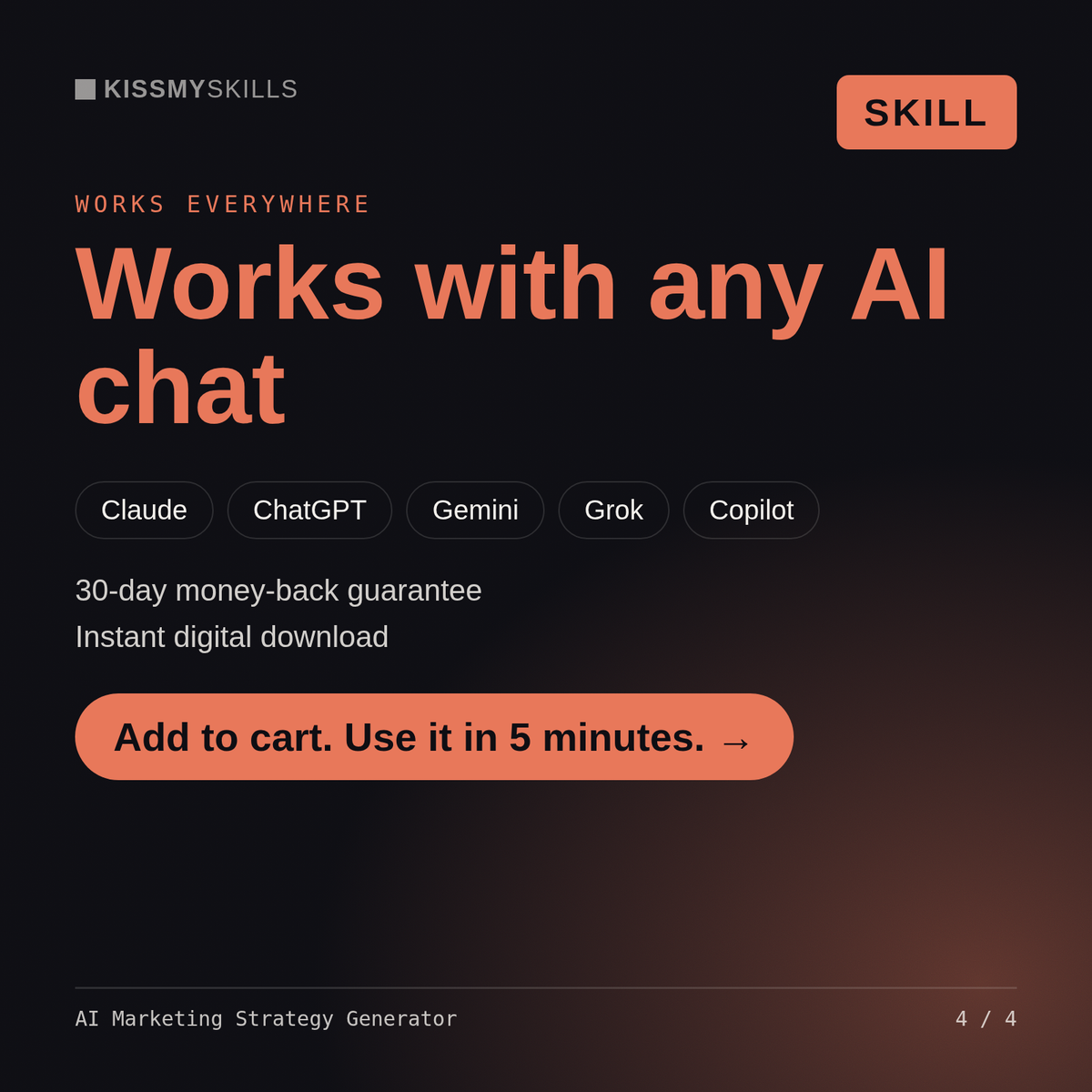 The AI Marketing Strategy Generator skill works with Claude, ChatGPT, Gemini and any AI chat, 30-day money-back guarantee