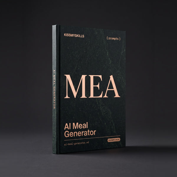 Meal Generator prompts for Claude by KissMySkills, near-black deep green serpentine stone cover with the monogram MEA