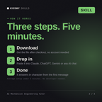 How the AI Mechanical Engineering Tutor AI skill works in three steps: download, drop it into your AI chat, done