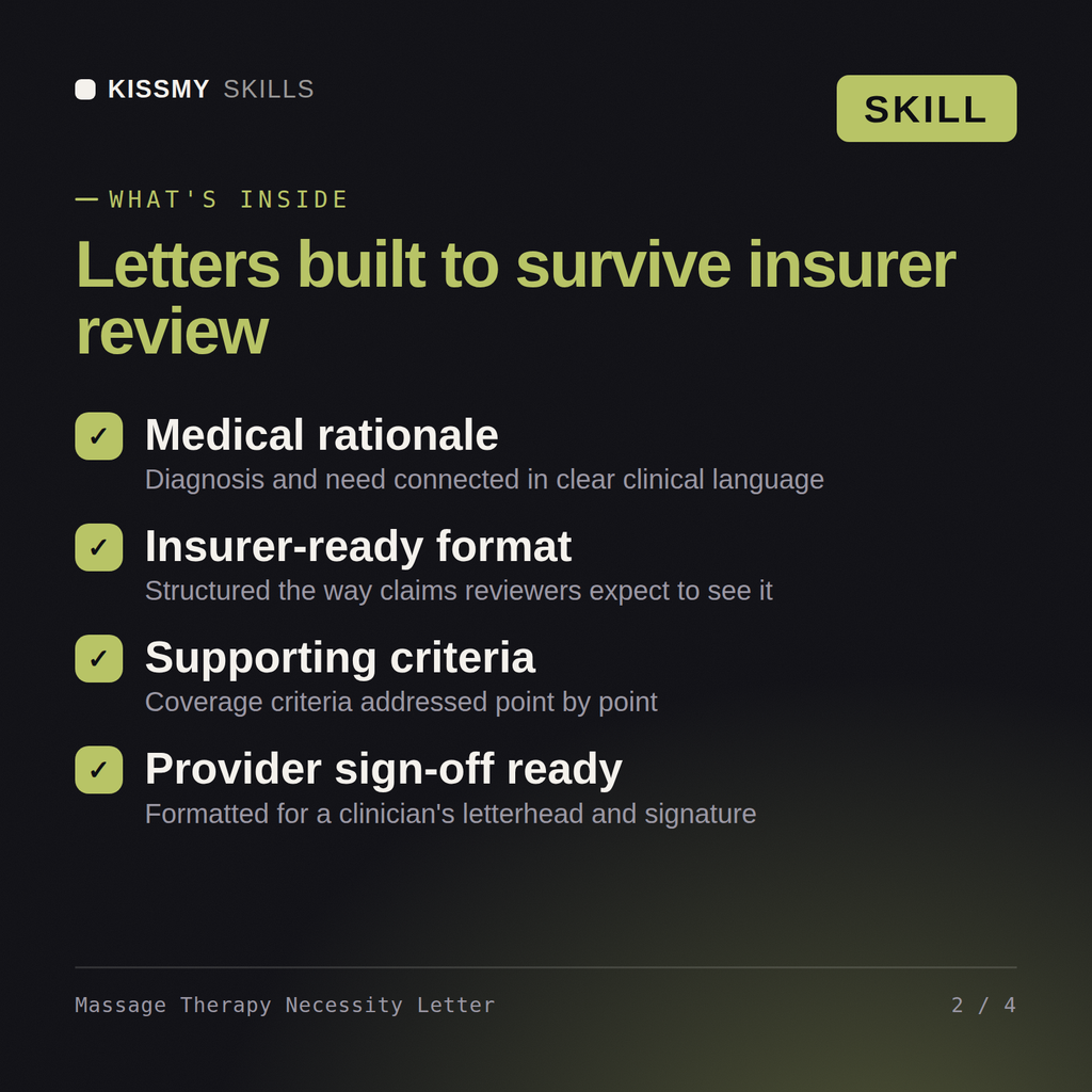 What's inside the Massage Therapy Necessity Letter AI skill: Medical rationale, Insurer-ready format, Supporting criteria, Provider sign-off ready