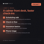 What's inside the AI Medical Receptionist AI prompt: Scheduling talk, Check-in flow, Insurance basics, Phone triage