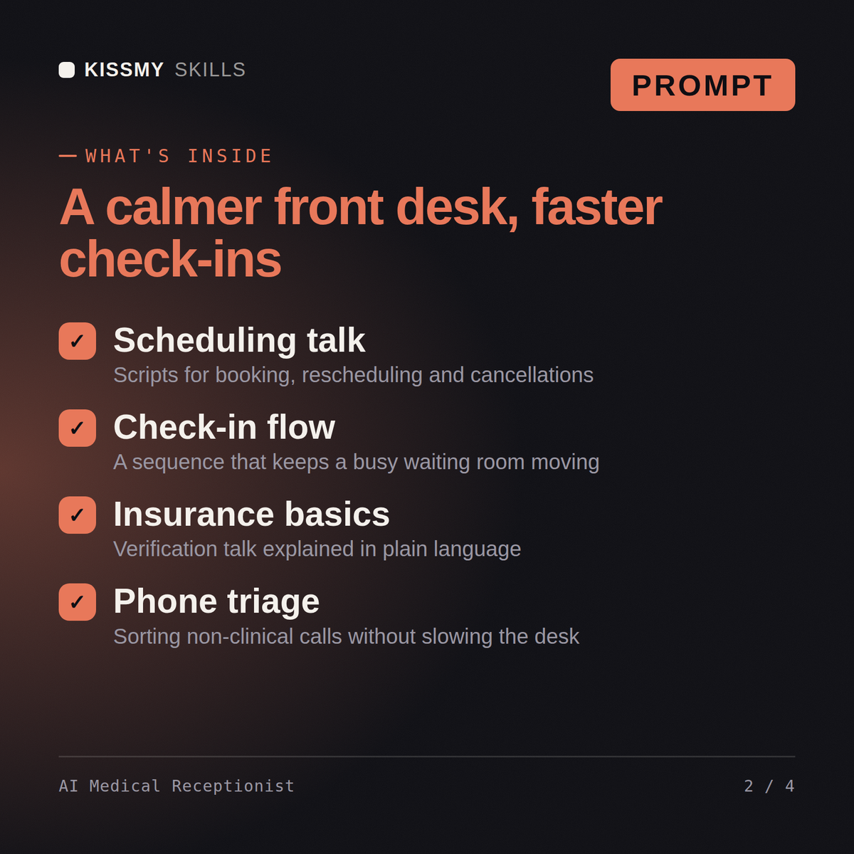 What's inside the AI Medical Receptionist AI prompt: Scheduling talk, Check-in flow, Insurance basics, Phone triage