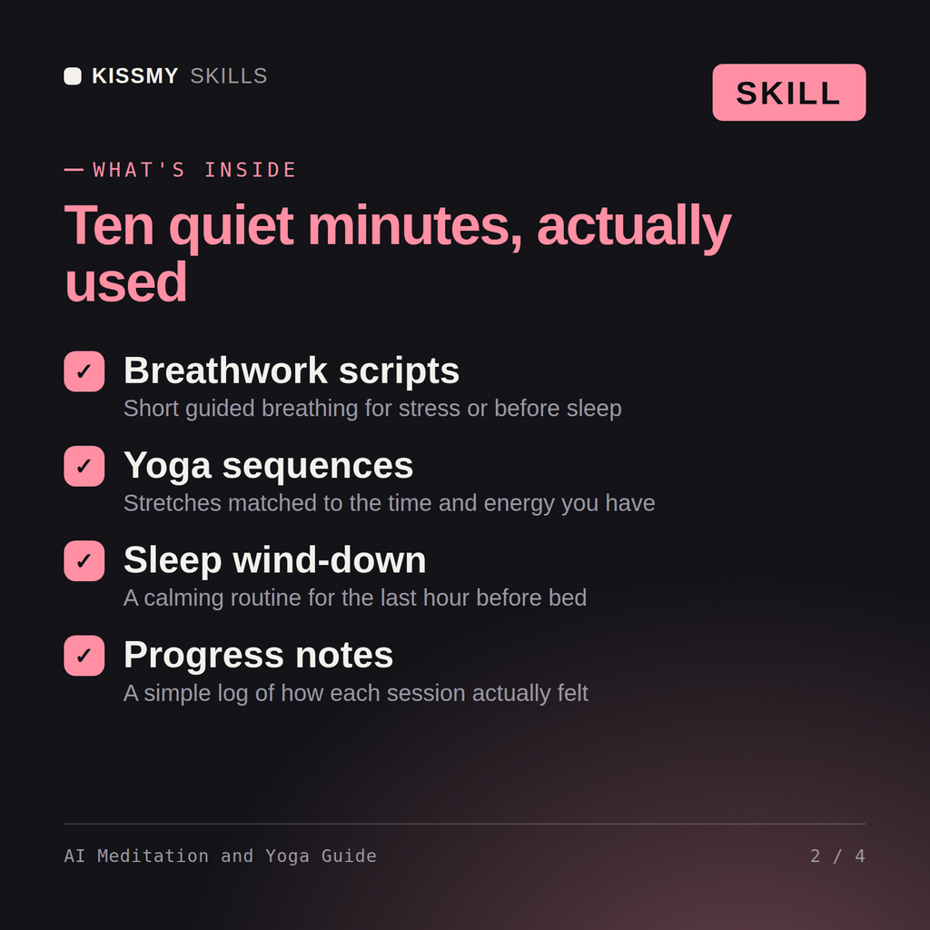 What's inside the AI Meditation and Yoga Guide AI skill: Breathwork scripts, Yoga sequences, Sleep wind-down, Progress notes