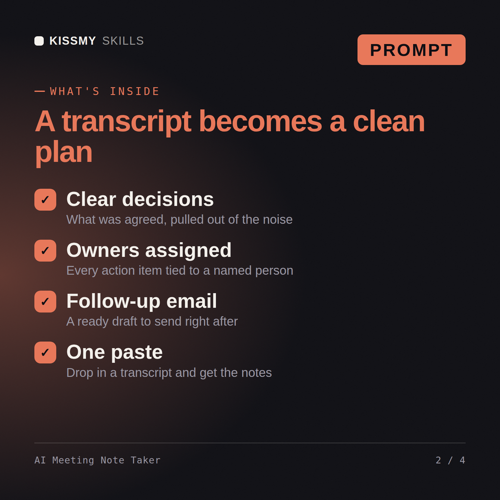 What's inside the AI Meeting Note Taker AI prompt: Clear decisions, Owners assigned, Follow-up email, One paste