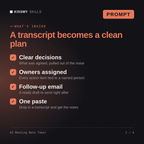 What's inside the AI Meeting Note Taker AI prompt: Clear decisions, Owners assigned, Follow-up email, One paste
