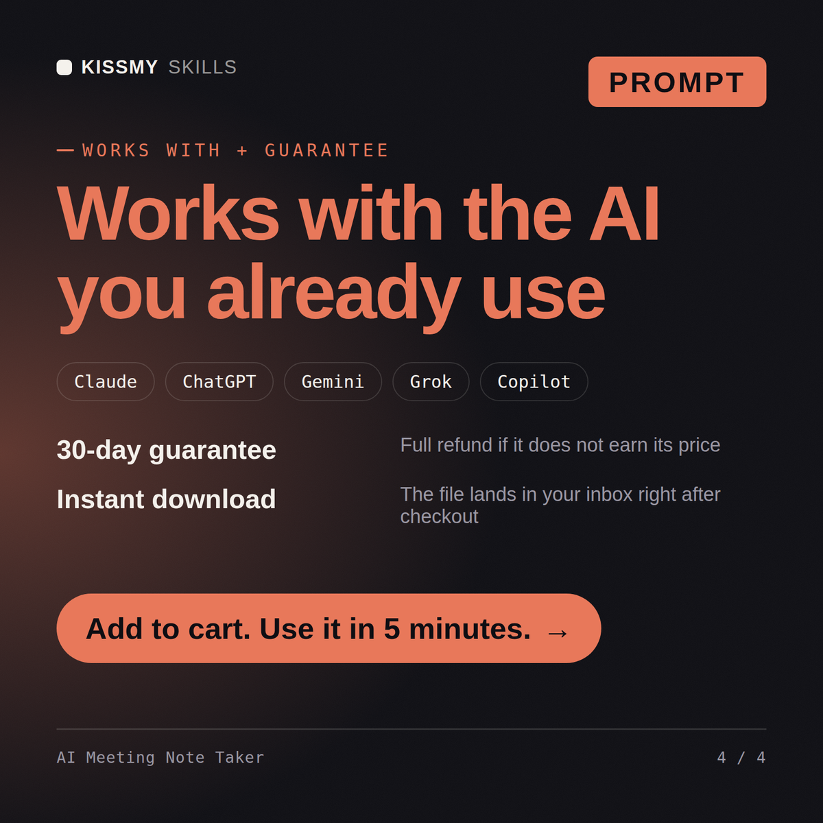The AI Meeting Note Taker AI prompt works with Claude, ChatGPT, Gemini and any AI chat, 30-day money-back guarantee