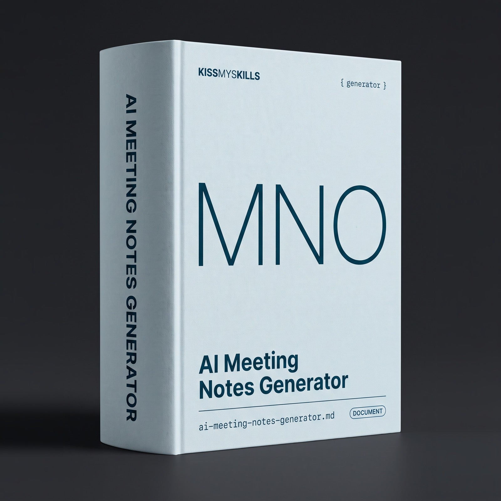 Meeting Notes Generator Claude skill by KissMySkills, pale mist blue bookcloth cover with the monogram MNO
