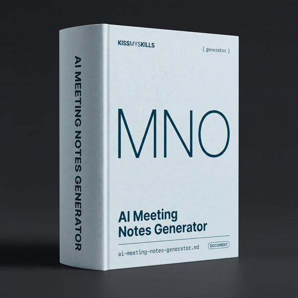 Meeting Notes Generator Claude skill by KissMySkills, pale mist blue bookcloth cover with the monogram MNO